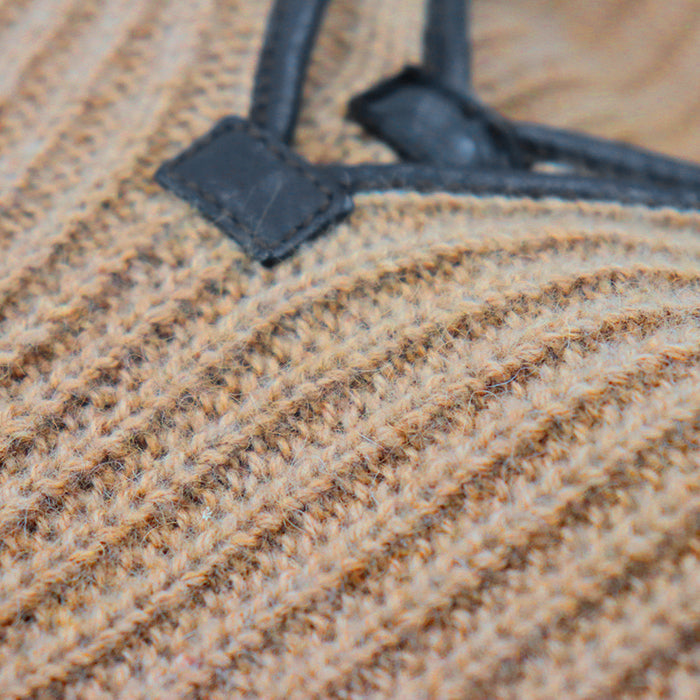 HERMES knit 100% camel deerskin caramel Pullover Sweater Ribbed Tops Long Sleeve Leather piping V-neck knit Women 42 Used Authentic