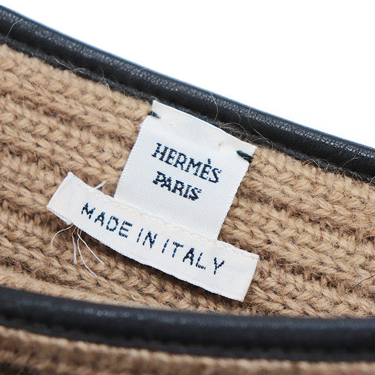 HERMES knit 100% camel deerskin caramel Pullover Sweater Ribbed Tops Long Sleeve Leather piping V-neck knit Women 42 Used Authentic