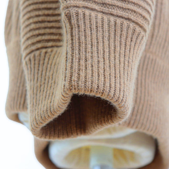 HERMES knit 100% camel deerskin caramel Pullover Sweater Ribbed Tops Long Sleeve Leather piping V-neck knit Women 42 Used Authentic