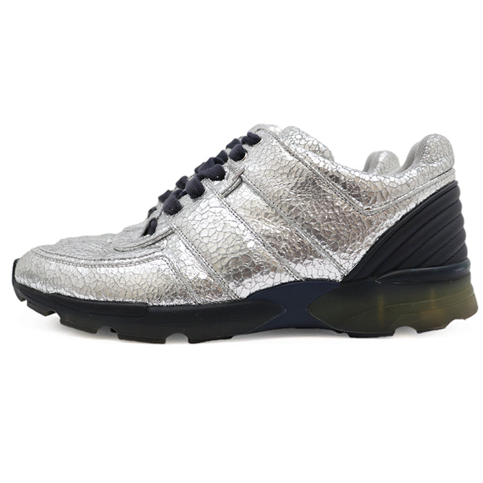 CHANEL sneakers leather Silver navy G31712 mens 42 Used Authentic