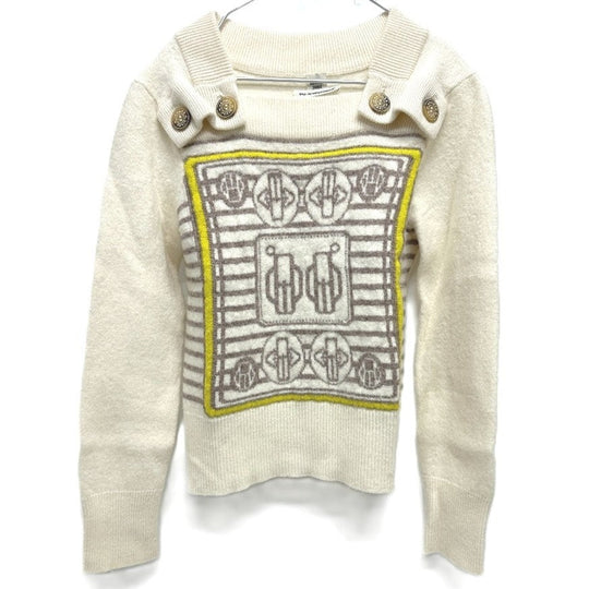 HERMES sweater cashmere White x gray x yellow Collar button border Women 36 Used Authentic