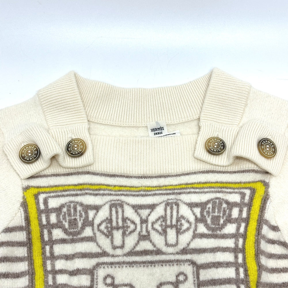 HERMES sweater cashmere White x gray x yellow Collar button border Women 36 Used Authentic