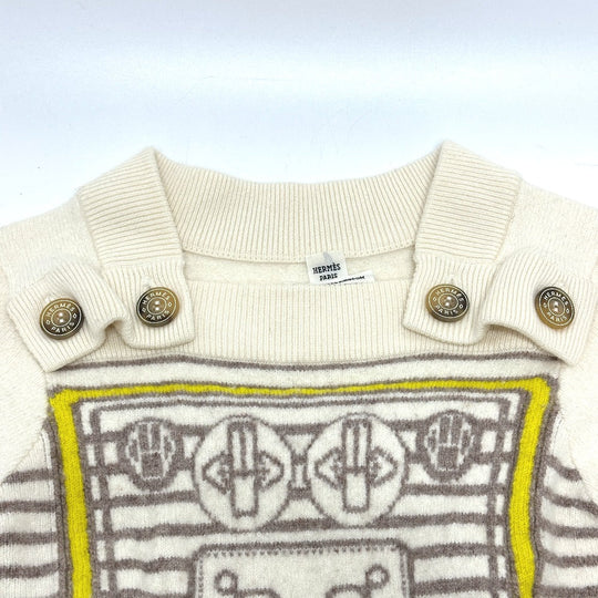 HERMES sweater cashmere White x gray x yellow Collar button border Women 36 Used Authentic