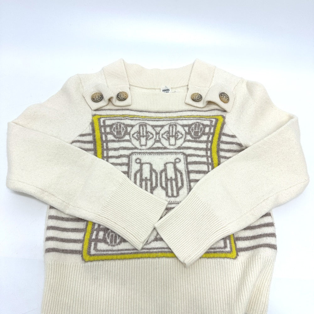 HERMES sweater cashmere White x gray x yellow Collar button border Women 36 Used Authentic