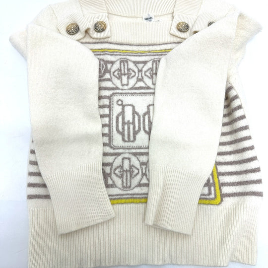 HERMES sweater cashmere White x gray x yellow Collar button border Women 36 Used Authentic