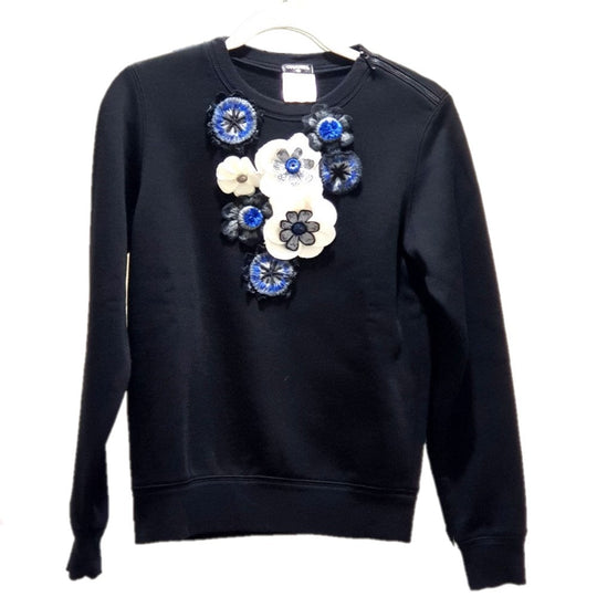CHANEL sweat P52492 Cotton, Wool Black x blue 15B camellia decoration Shoulder zipper Women 36 Used Authentic