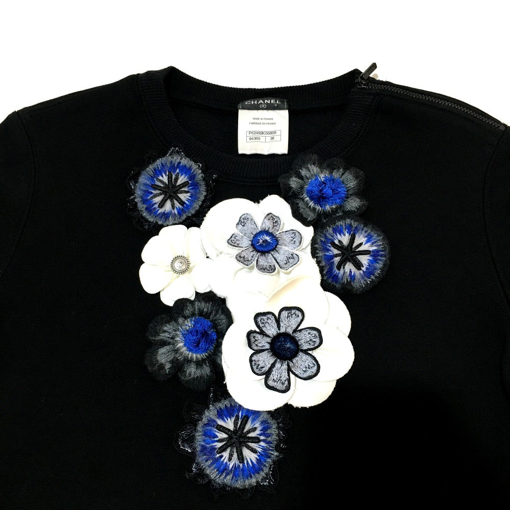 CHANEL sweat P52492 Cotton, Wool Black x blue 15B camellia decoration Shoulder zipper Women 36 Used Authentic