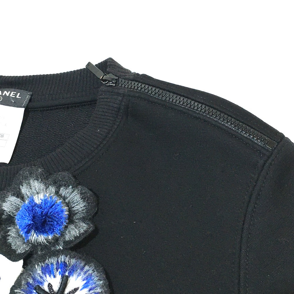 CHANEL sweat P52492 Cotton, Wool Black x blue 15B camellia decoration Shoulder zipper Women 36 Used Authentic
