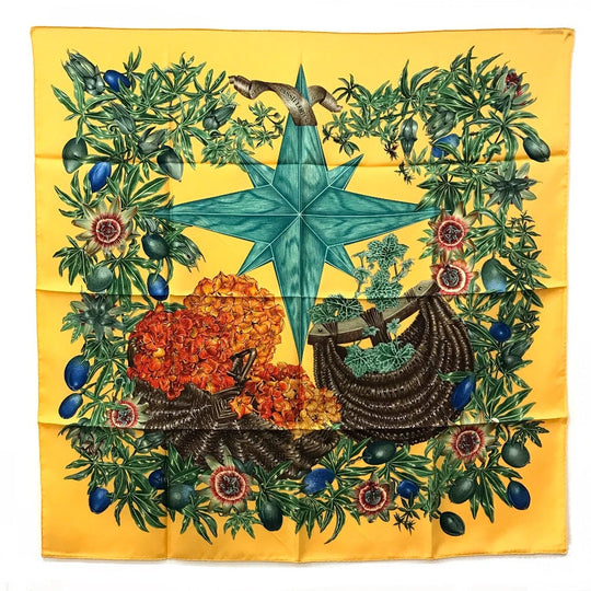 HERMES scarf silk Yellow x green Carre90 Passiflores Passion Flower Women Used Authentic