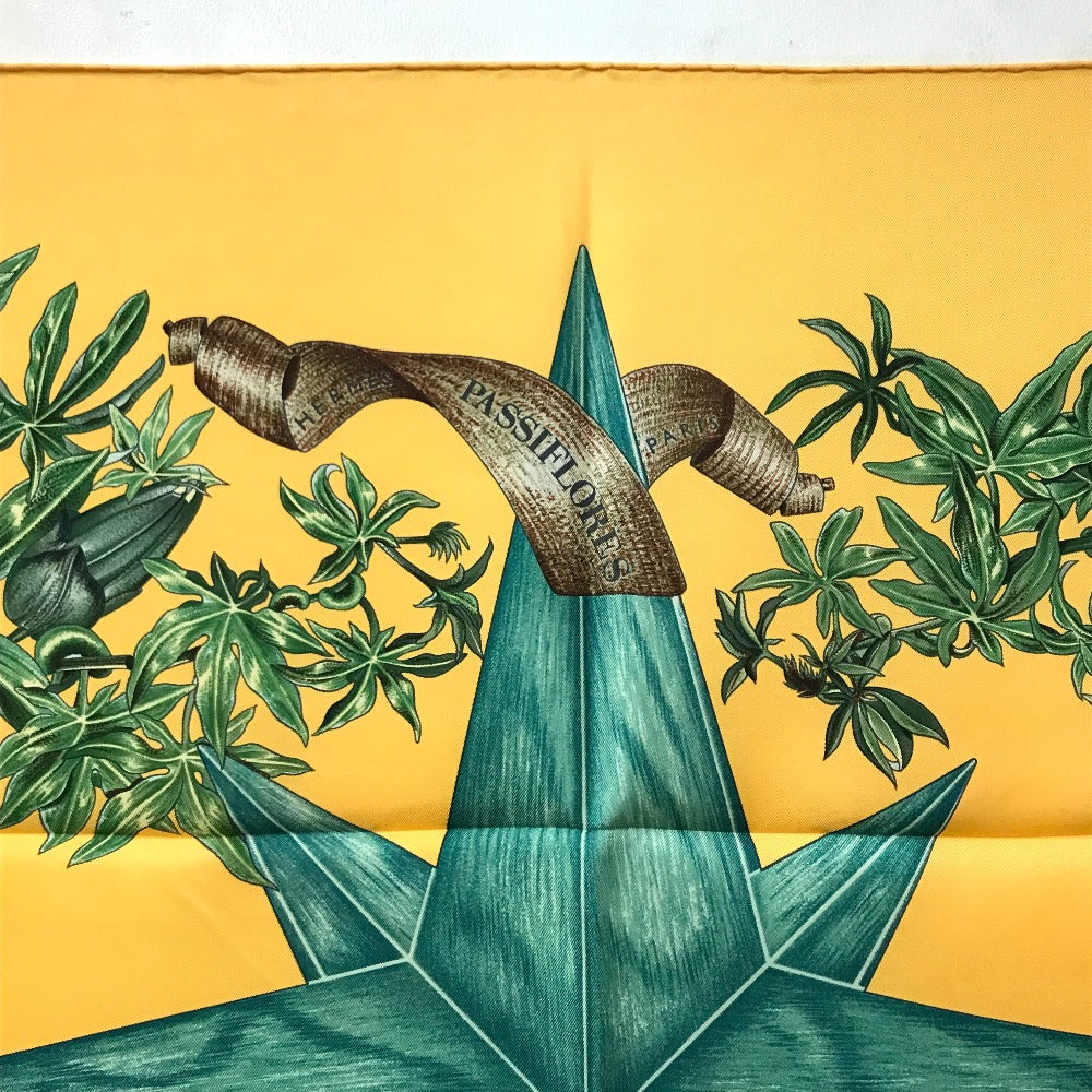 HERMES scarf silk Yellow x green Carre90 Passiflores Passion Flower Women Used Authentic