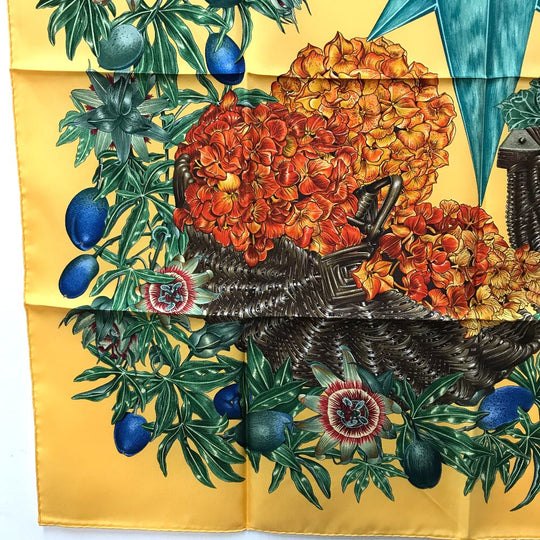 HERMES scarf silk Yellow x green Carre90 Passiflores Passion Flower Women Used Authentic