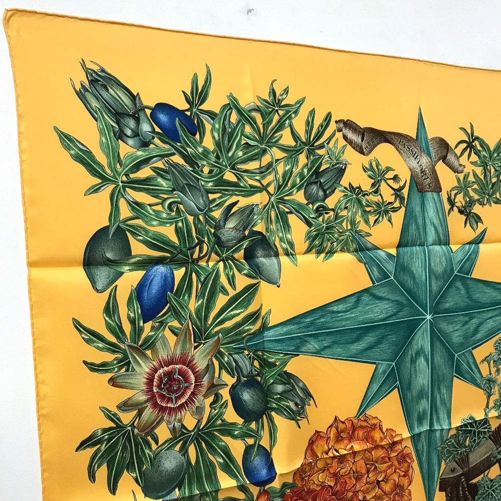 HERMES scarf silk Yellow x green Carre90 Passiflores Passion Flower Women Used Authentic