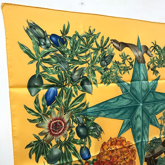 HERMES scarf silk Yellow x green Carre90 Passiflores Passion Flower Women Used Authentic