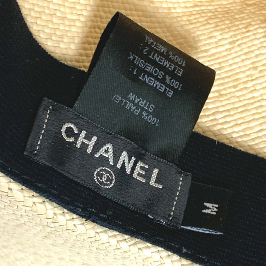 CHANEL hat straw beige CC COCO Mark Grosgrain Ribbon 19V Women M Used Authentic