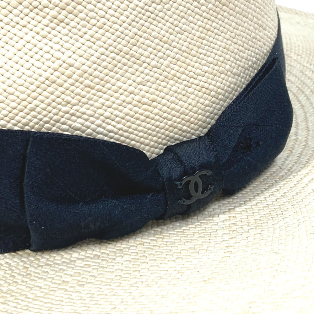 CHANEL hat straw beige CC COCO Mark Grosgrain Ribbon 19V Women M Used Authentic
