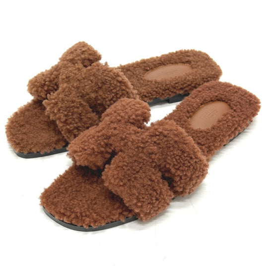 HERMES Sandals Sheepskin Brown Oran Women 37 Used Authentic