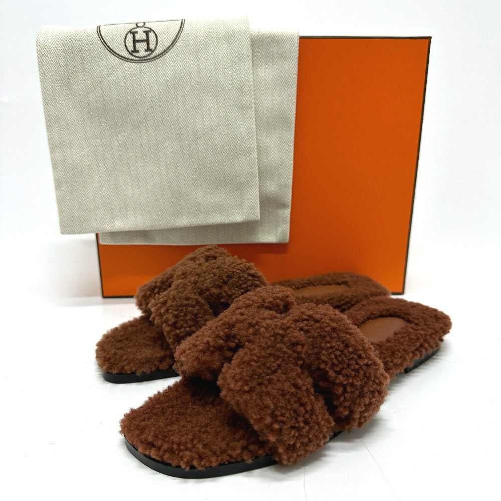 HERMES Sandals Sheepskin Brown Oran Women 37 Used Authentic