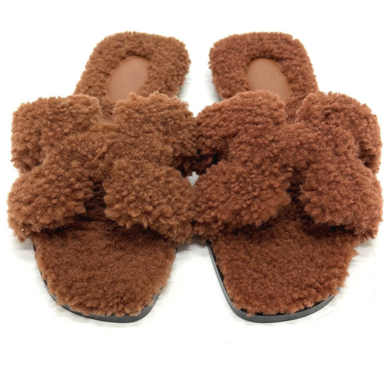 HERMES Sandals Sheepskin Brown Oran Women 37 Used Authentic