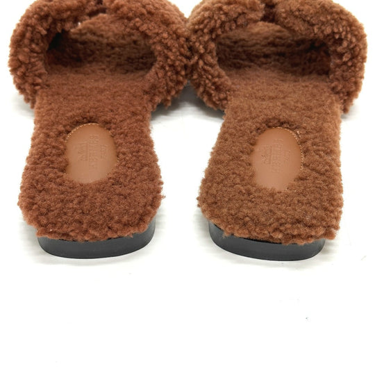 HERMES Sandals Sheepskin Brown Oran Women 37 Used Authentic
