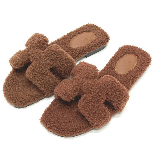 HERMES Sandals Sheepskin Brown Oran Women 36.5 Used Authentic