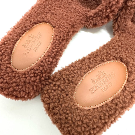 HERMES Sandals Sheepskin Brown Oran Women 36.5 Used Authentic