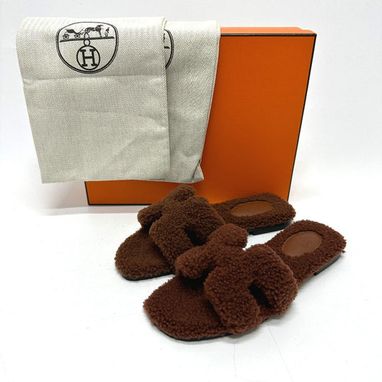 HERMES Sandals Sheepskin Brown Oran Women 36.5 Used Authentic
