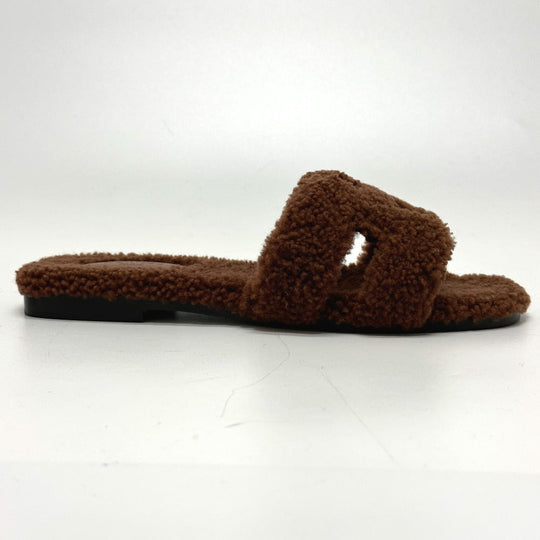 HERMES Sandals Sheepskin Brown Oran Women 36.5 Used Authentic
