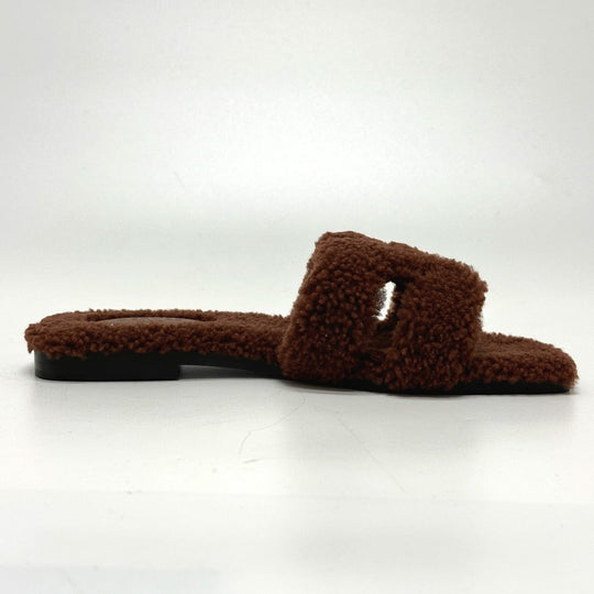 HERMES Sandals Sheepskin Brown Oran Women 36.5 Used Authentic