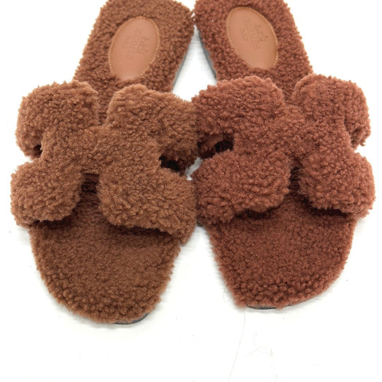 HERMES Sandals Sheepskin Brown Oran Women 36.5 Used Authentic