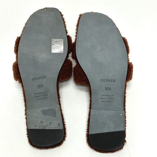 HERMES Sandals Sheepskin Brown Oran Women 36.5 Used Authentic