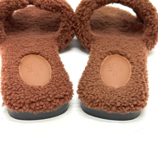 HERMES Sandals Sheepskin Brown Oran Women 36.5 Used Authentic