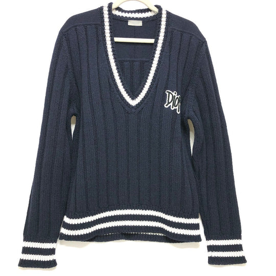 Dior sweater 033M630AT171 wool Navy x white logo Sean Stussy mens XXL Used Authentic