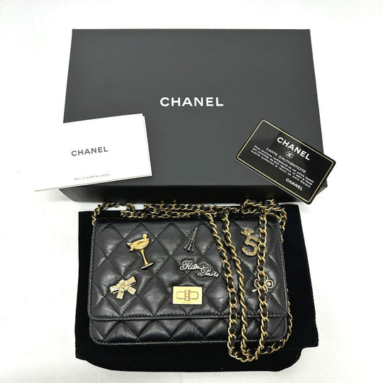 CHANEL Shoulder Bag A80441 lambskin black 2.55 Embroidered Studs Matrasse Women Used Authentic