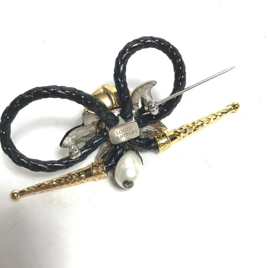 LOUIS VUITTON Brooch MP2197 Leather, Metal black Accessories Faux Pearl Fleur Bijoux Women Used Authentic
