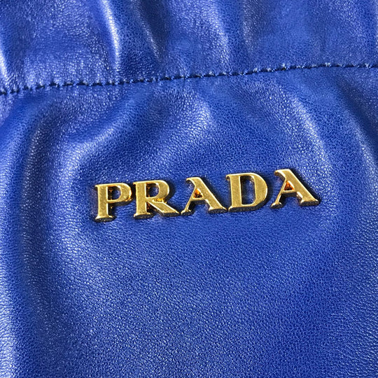 PRADA Handbag leather blue logo Crossbody ribbon Women Used Authentic