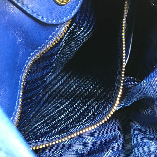 PRADA Handbag leather blue logo Crossbody ribbon Women Used Authentic