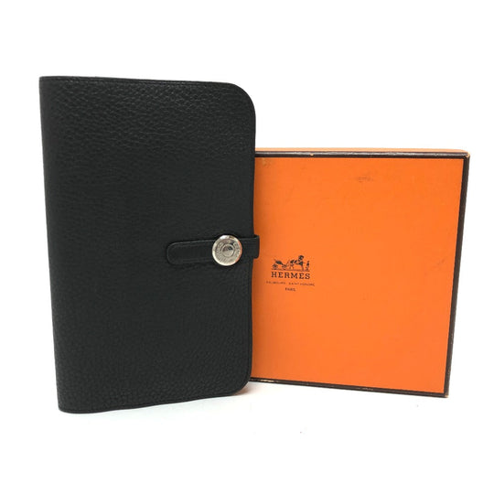 HERMES Long Wallet Purse Togo black Dogon GM Wallet Women Used Authentic