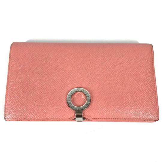 BVLGARI Long Wallet Purse leather pink Bulgari Bulgari Logo clip mens Used Authentic