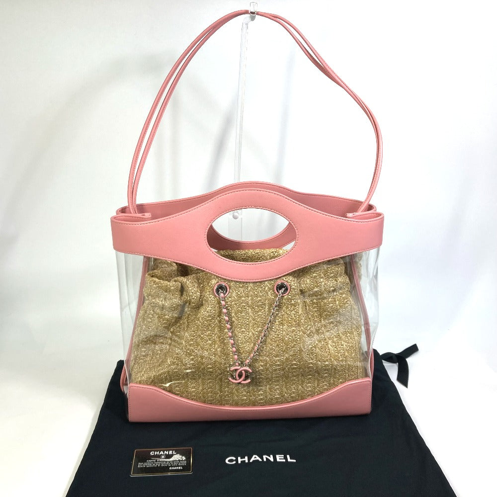 CHANEL Tote Bag AS0517 Calfskin, Plastics, Raffia Clear / pink CC COCO Mark Tote Bag Women Used Authentic