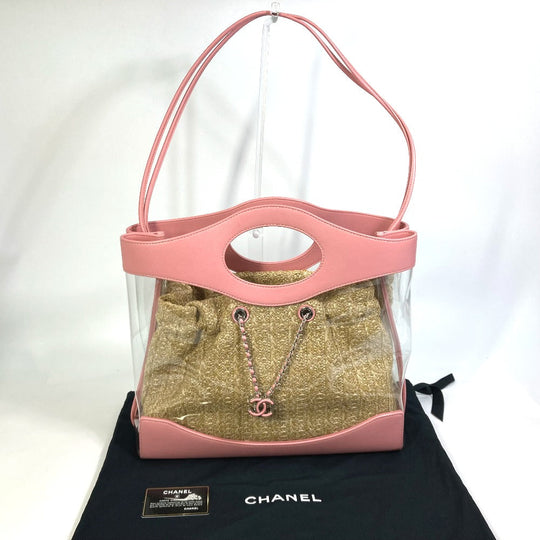 CHANEL Tote Bag AS0517 Calfskin, Plastics, Raffia Clear / pink CC COCO Mark Tote Bag Women Used Authentic