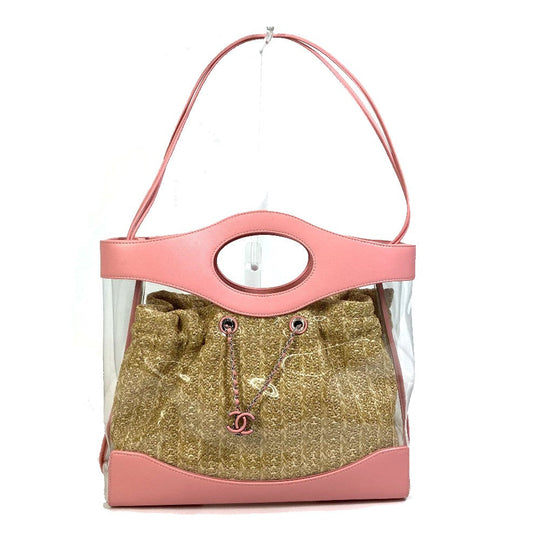 CHANEL Tote Bag AS0517 Calfskin, Plastics, Raffia Clear / pink CC COCO Mark Tote Bag Women Used Authentic