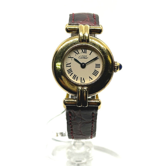 CARTIER Watches Quartz SV925 , Leather belt gold Must Collize Vermeil white dial Women Used Authentic