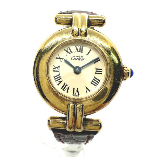 CARTIER Watches Quartz SV925 , Leather belt gold Must Collize Vermeil white dial Women Used Authentic