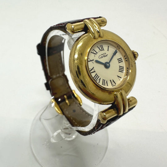 CARTIER Watches Quartz SV925 , Leather belt gold Must Collize Vermeil white dial Women Used Authentic