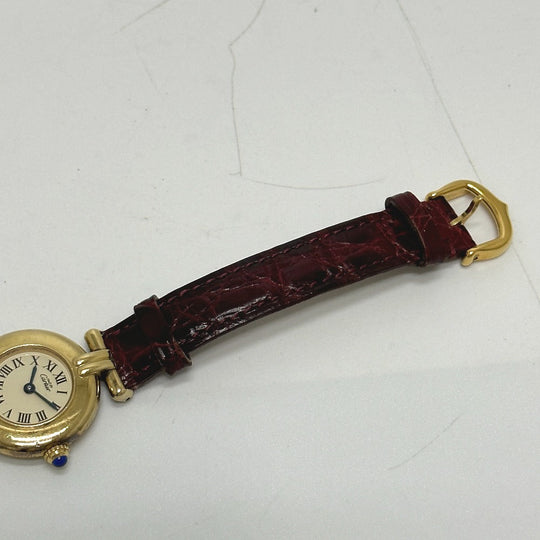 CARTIER Watches Quartz SV925 , Leather belt gold Must Collize Vermeil white dial Women Used Authentic