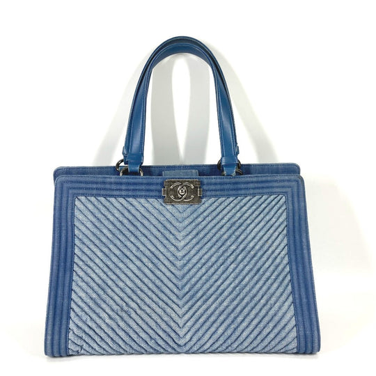 CHANEL Tote Bag canvas Blue type Boy Chanel Vstitch Women Used Authentic