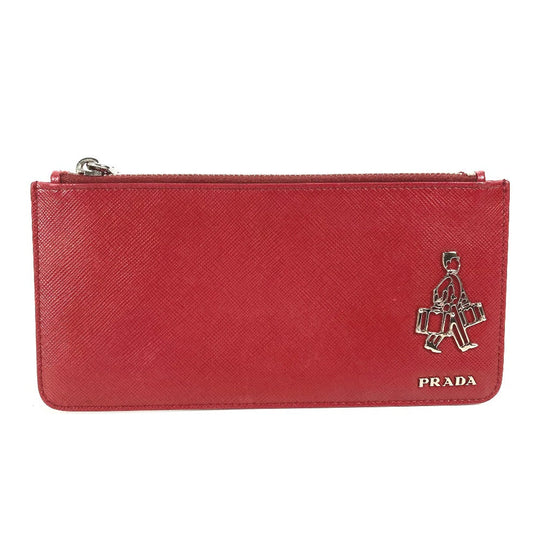 PRADA Coin case Safiano leather Red logo Women Used Authentic