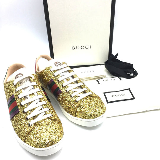 GUCCI sneakers 475610 Glitter Canvas , Sequins Gold type Sherry line Women 36.5 Used Authentic