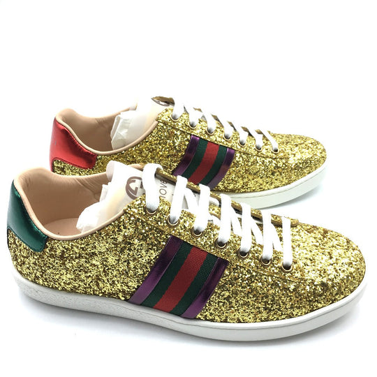 GUCCI sneakers 475610 Glitter Canvas , Sequins Gold type Sherry line Women 36.5 Used Authentic