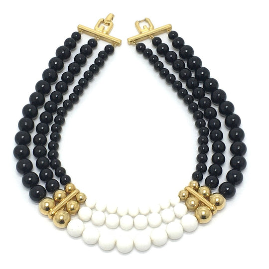 GIVENCHY Necklace Gold Plated Black x white 3 stations Ball necklace Women Used Authentic